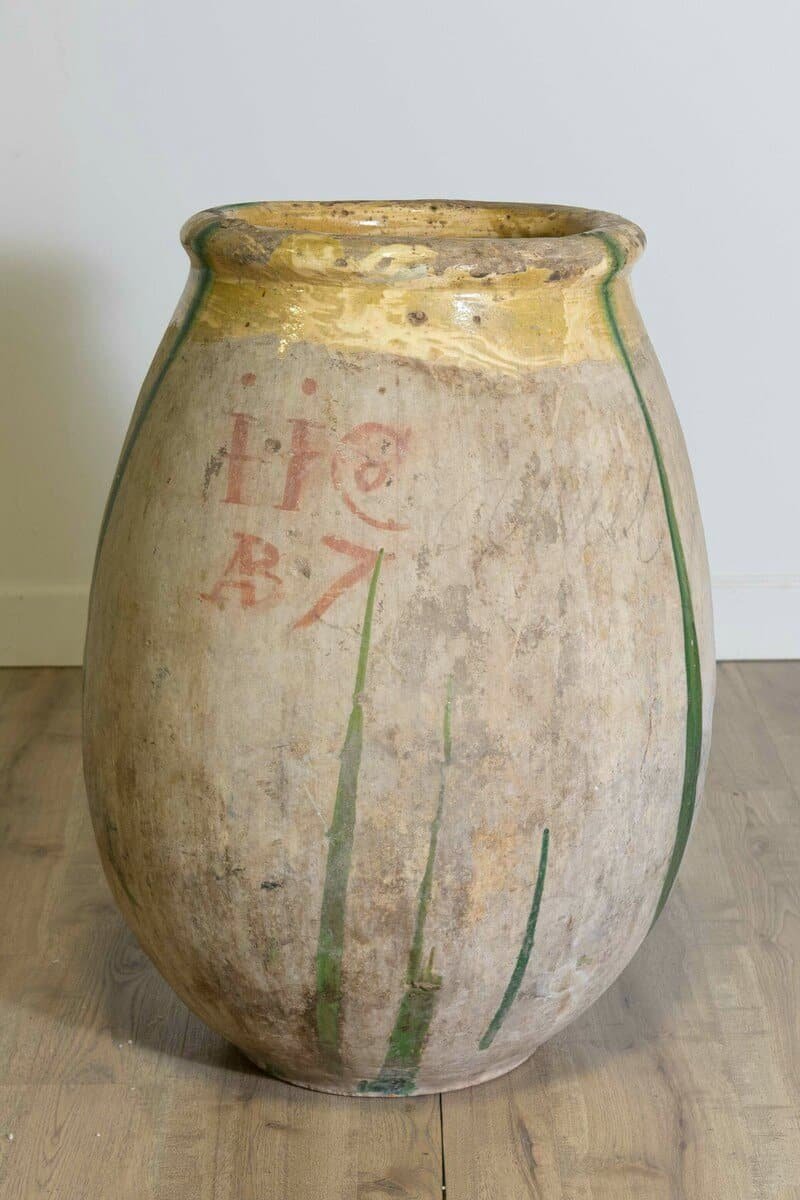 18th Century French Provincial Olive Oil Biot jar with Yellow and Green Glaze - JAA