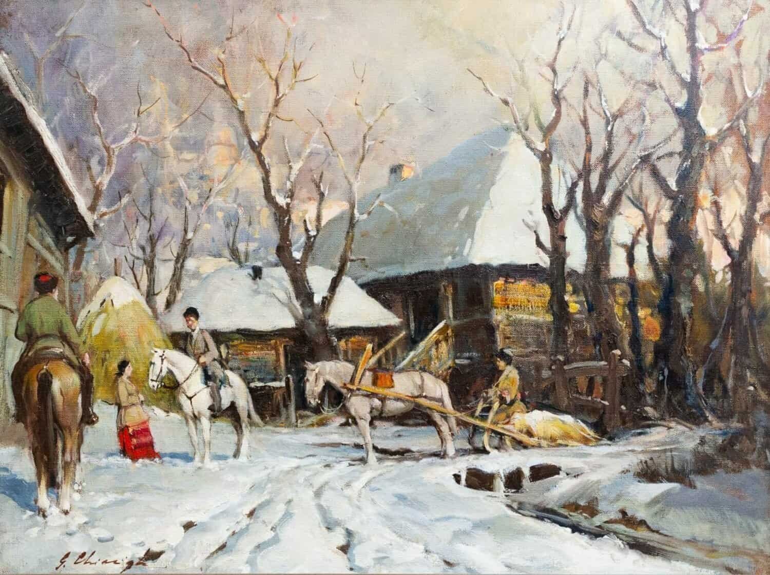 Chiacigh, “russian Landscape With Figures And Horses,” Oil On Canvas, Signed, Mid-20th - JAA