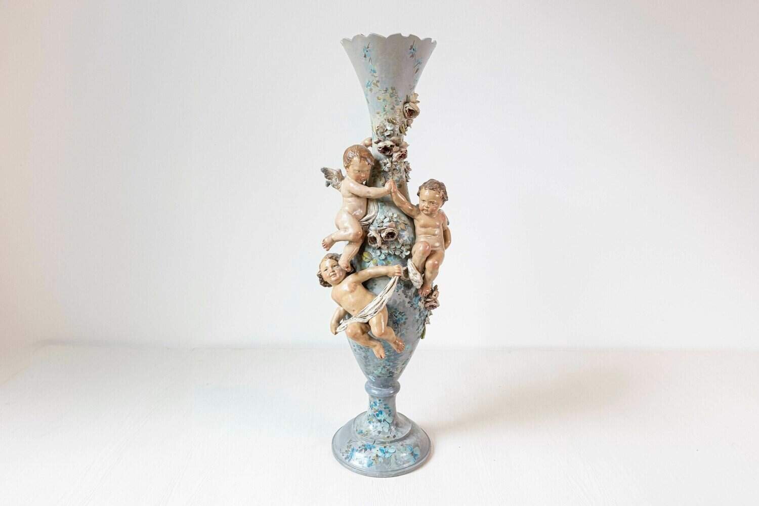 French 1870s Slender Majolica Vase with Floral Décor and High-Relief Cherubs - JAA