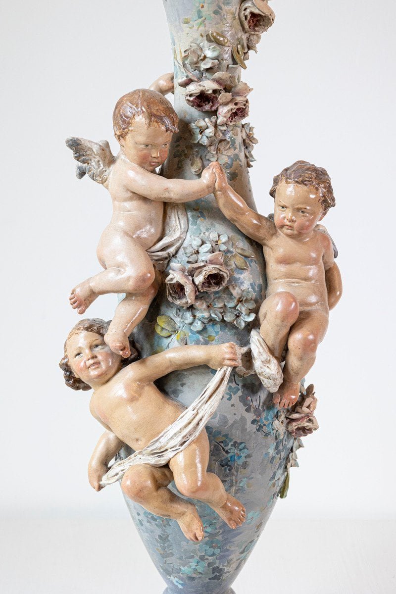 French 1870s Slender Majolica Vase with Floral Décor and High-Relief Cherubs - JAA