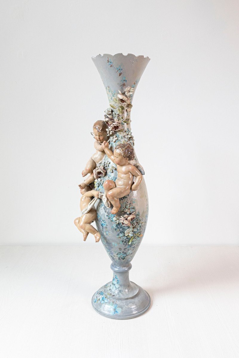 French 1870s Slender Majolica Vase with Floral Décor and High-Relief Cherubs - JAA