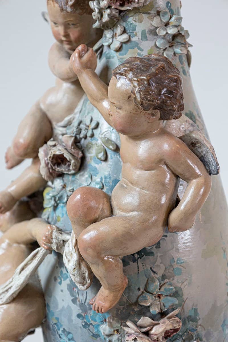 French 1870s Slender Majolica Vase with Floral Décor and High-Relief Cherubs - JAA