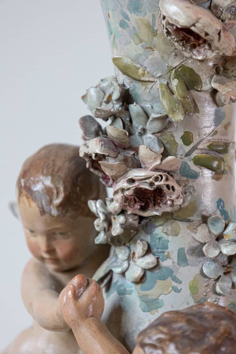 French 1870s Slender Majolica Vase with Floral Décor and High-Relief Cherubs - JAA