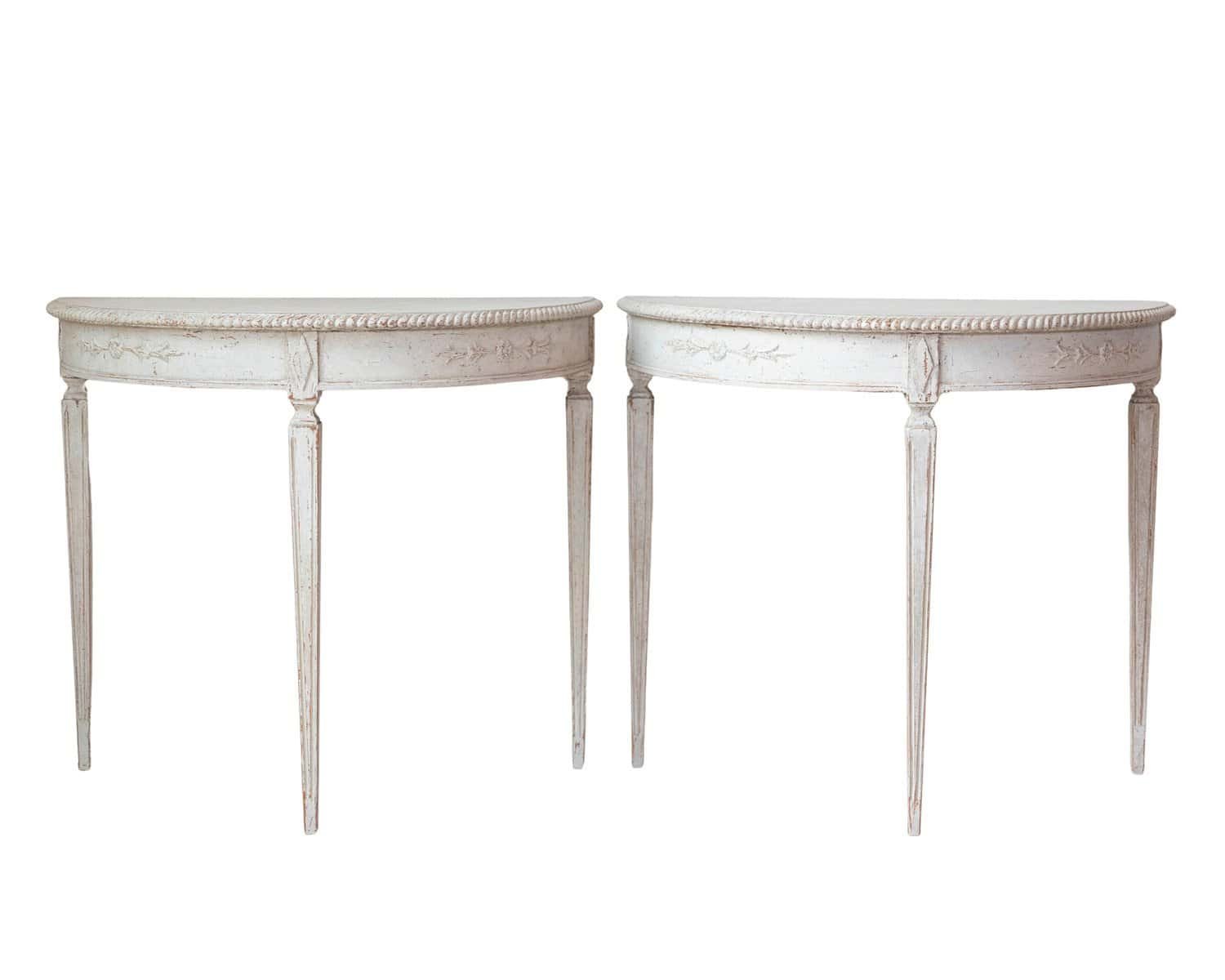 Pair of Swedish White Demi-Lune Tables, circa 1920s