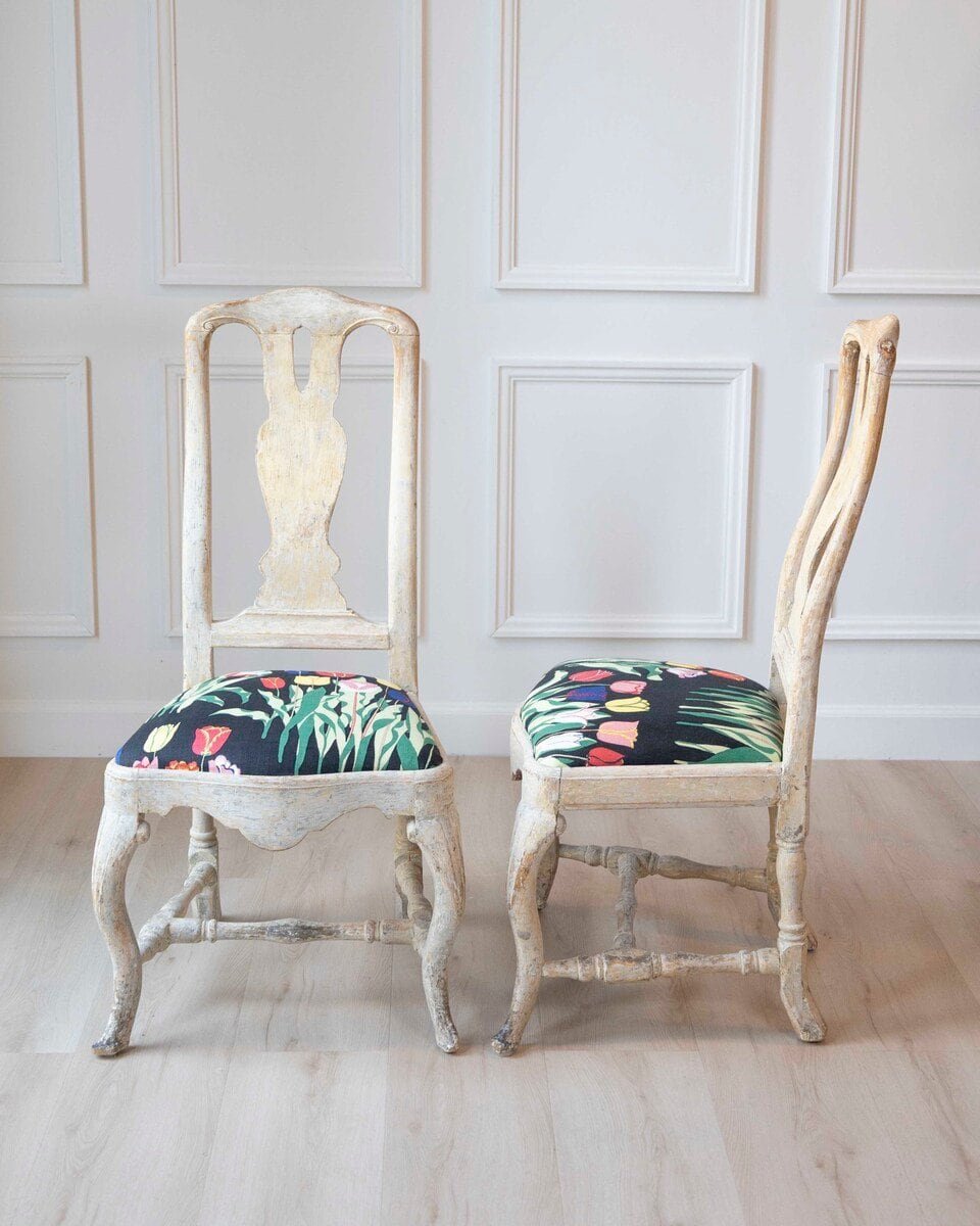 Pair of Swedish Rococo Period 18th Century Side Chairs with Carved Splats - JAA