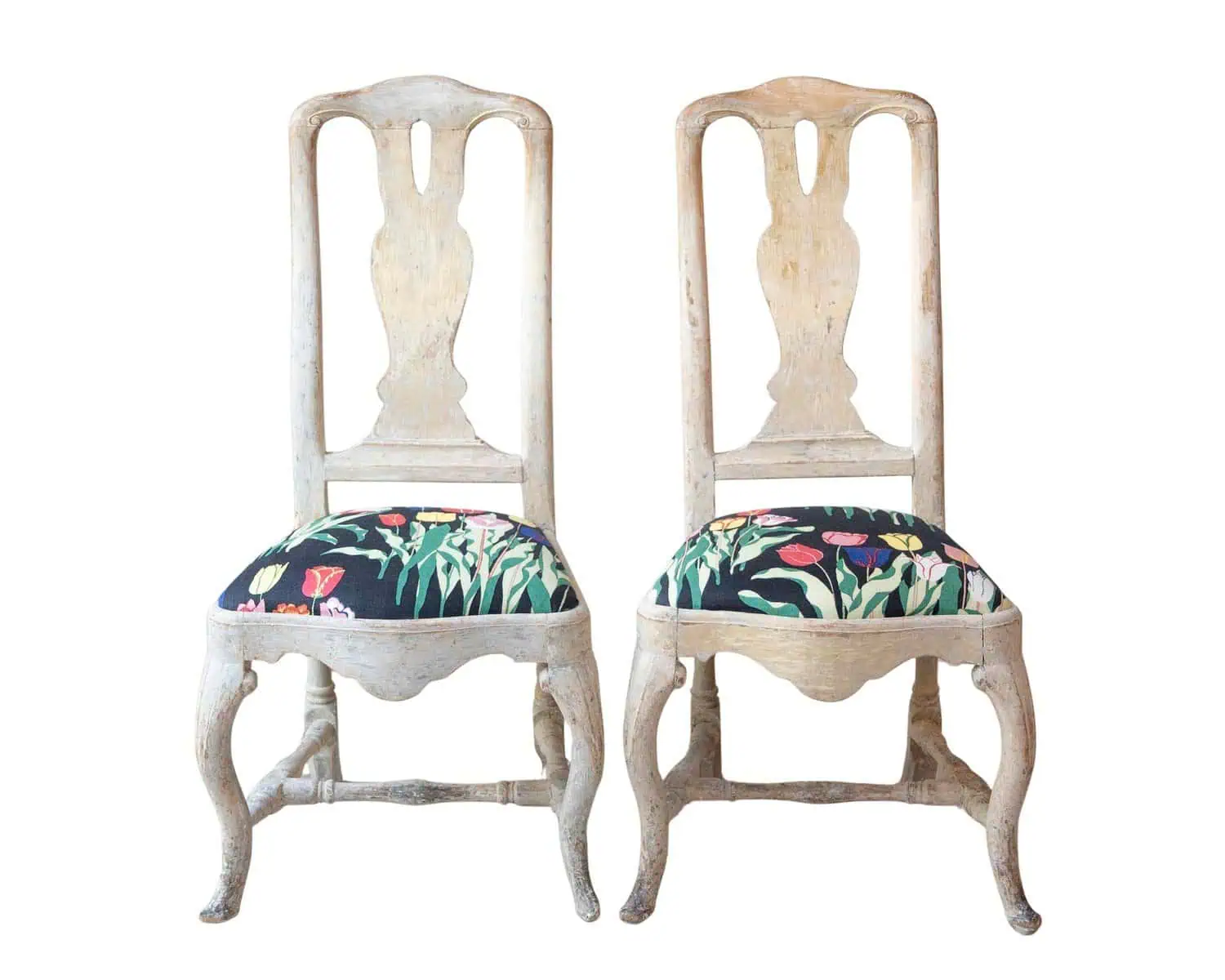 Pair of Swedish Rococo Period 18th Century Side Chairs with Carved Splats