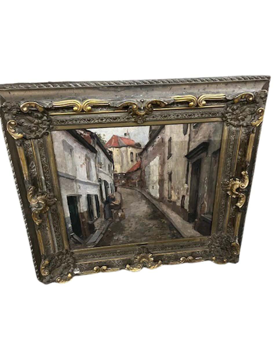 European Old Town Street Scene with Figure, Oil Painting in Ornate Gilt Frame