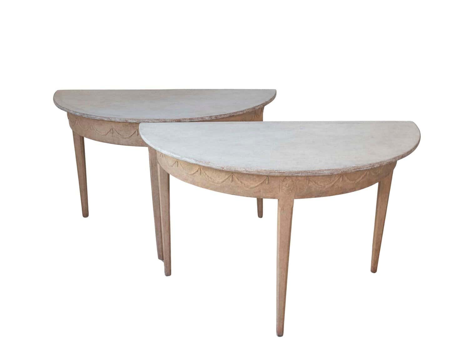 Pair of Swedish Gustavian Demi-Lune Console Tables in Oak, circa 1840–1860