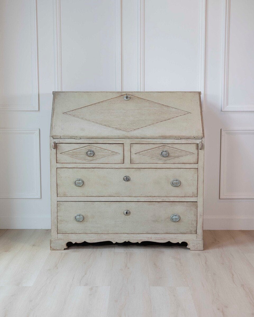 Swedish Gustavian Slant-Front Secretary in Original Cream Paint, Early 19th Century - JAA