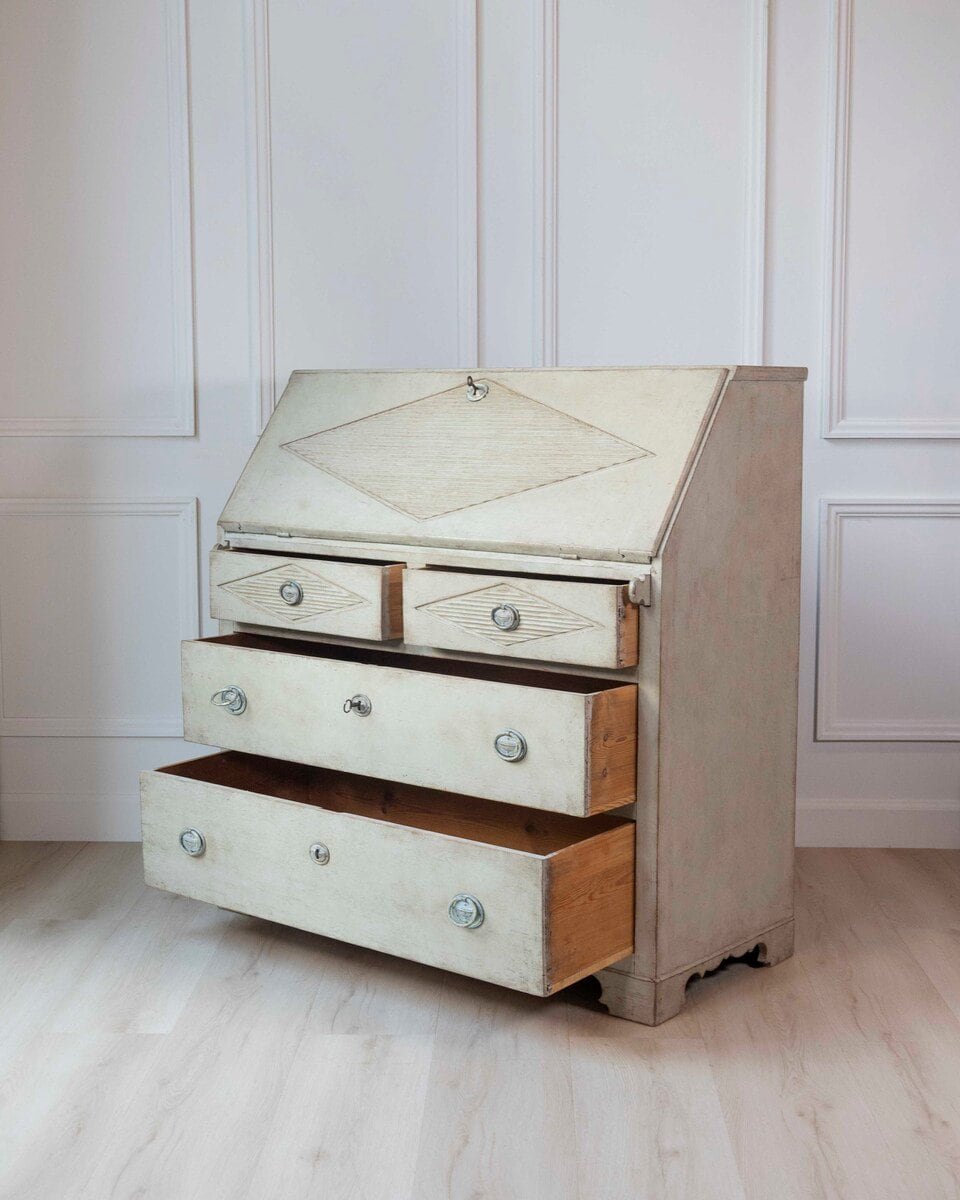 Swedish Gustavian Slant-Front Secretary in Original Cream Paint, Early 19th Century - JAA
