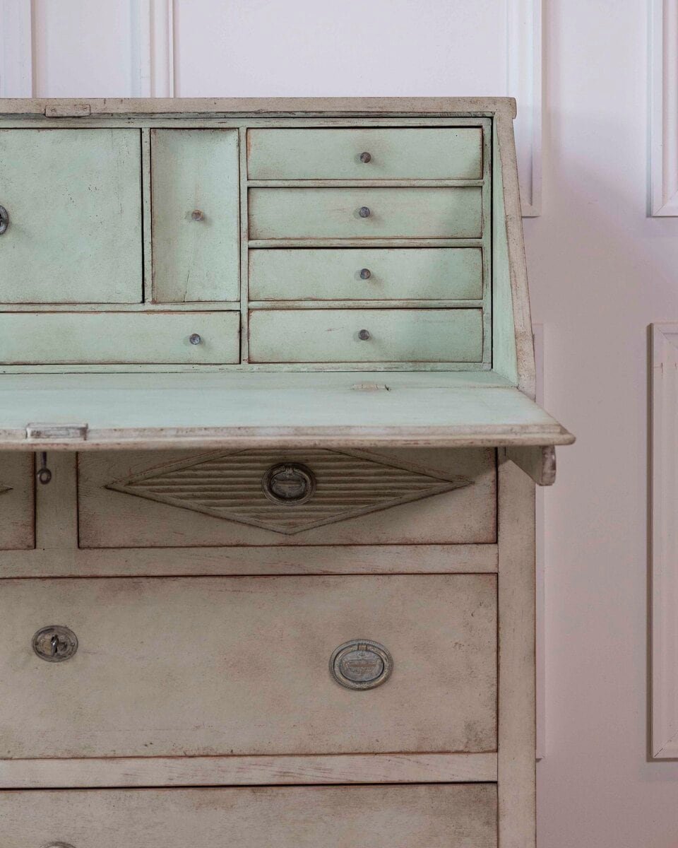 Swedish Gustavian Slant-Front Secretary in Original Cream Paint, Early 19th Century - JAA