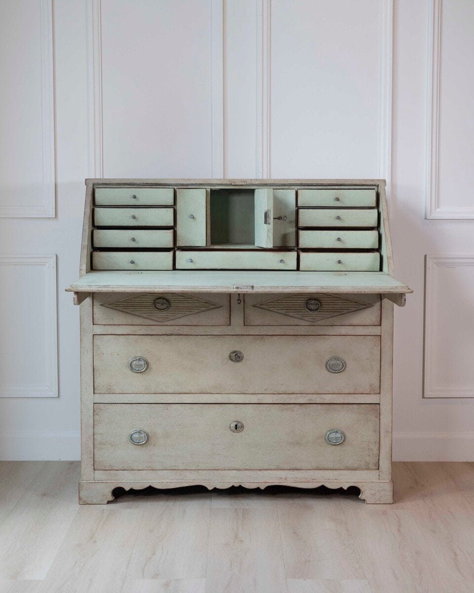 Swedish Gustavian Slant-Front Secretary in Original Cream Paint, Early 19th Century - JAA
