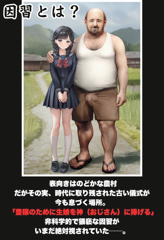 【因習村】村の飢饉を救うため差し出された僕の彼女、BMI40越えで性欲だけはいっちょまえの種付けおじさんに媚薬を飲まされ、おじさん特有のねちっこい前戯で全身べちょべちょに舐められたあげく、聖なる肉棒(チンカス付き)の掃除を実施! その後はついに処女おまんこにゴールイン!入念かつ丹念にがん突きにされ、イキまくりんぐ!一晩中汗だくで連続絶頂アクメを決めさせられた話。 「穂乃香ぁ〜、オラの精、まるごと受け止めてくんろぉ〜〜!」