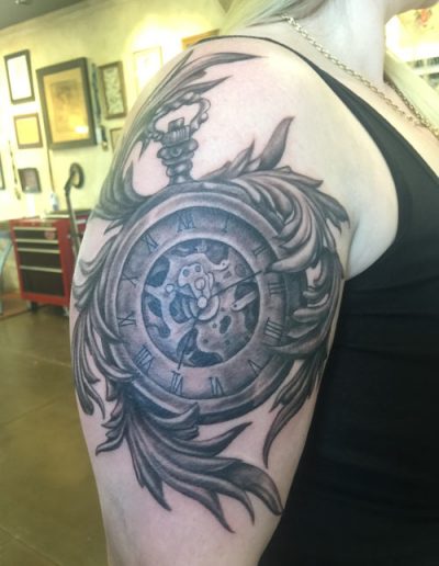 Pocket watch tattoo , black and grey tattoo st Augustine , realistic black and grey tattoo florida , tattoo artist florida, saint Augustine beach
