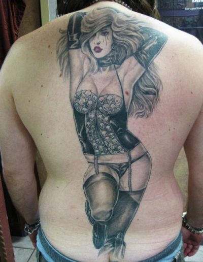 dawn tattoo , back piece, black and grey pin up ,st augustine tattoo, realistic tattoo florida , st augustine beach tattoo