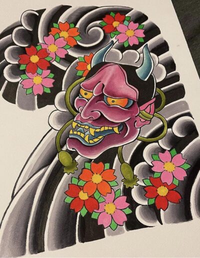 Jesse Britten Tattoo, St. Augustine, FL Japanese Hannya mask tattoo design with cherry blossoms and swirling clouds