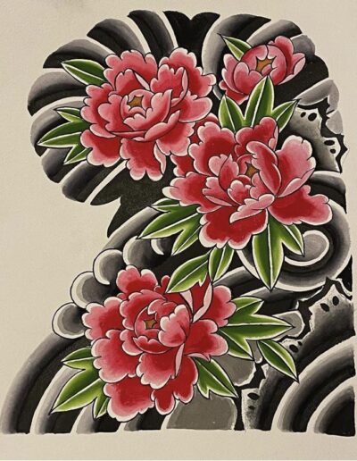 Jesse Britten Tattoo, St. Augustine, FL Red peony flowers with green leaves and swirling black background.