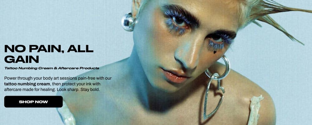 Jesse Britten Tattoo, St. Augustine, FL Model with bold makeup promoting tattoo numbing cream and aftercare products: 