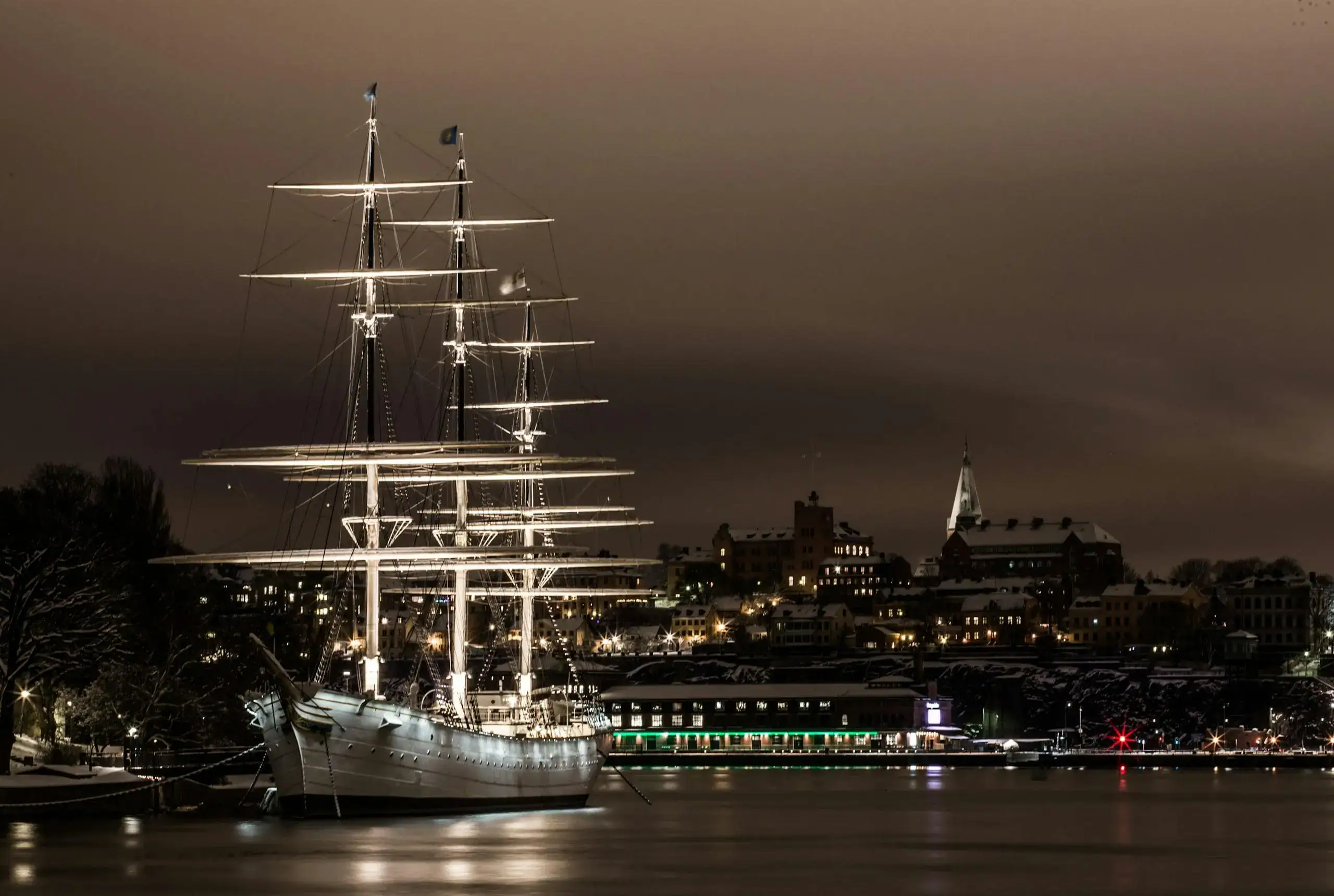 White Ship on Port at Night