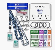 Luggage tags, travel accessories, and portable power adapter from Jet Setting with Jen, tailored for organized travelers and frequent flyers.