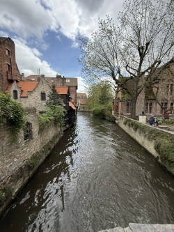 Scenic view of a canal in Brussels with historic buildings and a cloudy sky, perfect for exploring Belgium's capital city.