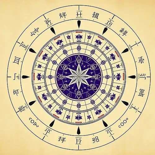 A serene ancient Chinese celestial chart with purple star patterns and mystical symbols, representing Purple Star Astrology, surrounded by subtle cosmic elements and elegant calligraphy, high quality, 1280x720