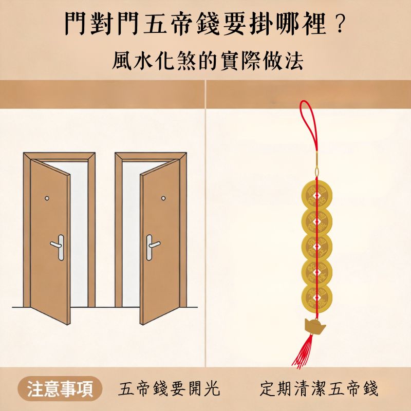門對門五帝錢要掛哪裡？風水化煞的實際做法