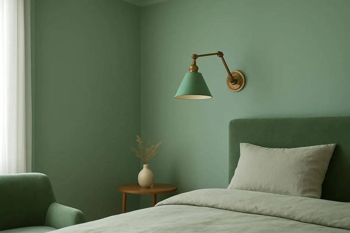 applique murale laiton vieilli bras articule chambre peinture vert eau celadon