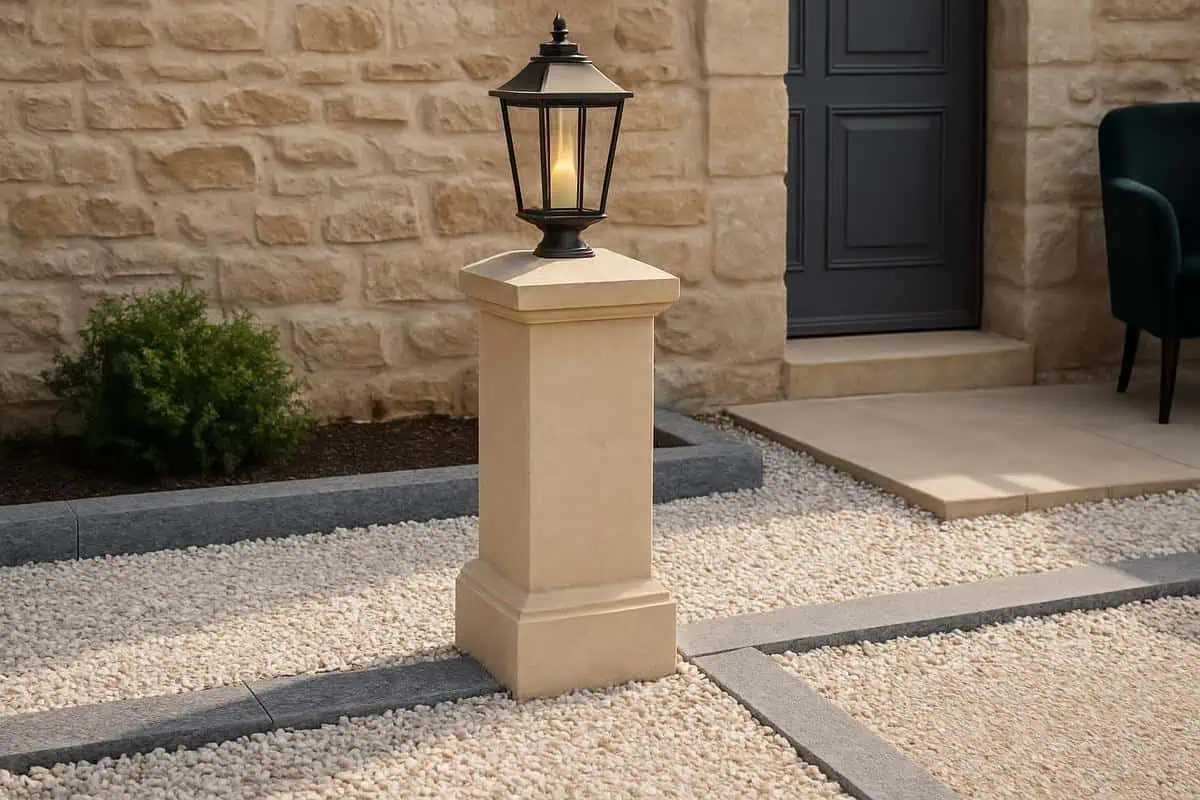 Bornes en pierre de taille et caniveaux en granit poli pour abords de maison avec lanternes decoratives