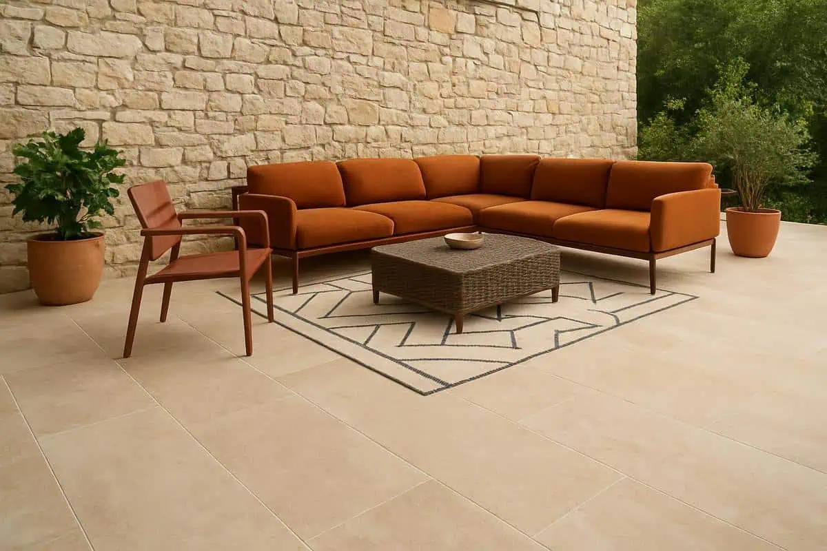 Dalles en pierre naturelle pour terrasse XXL 60x90 cm avec mobilier teck et canapé modulable exterieur