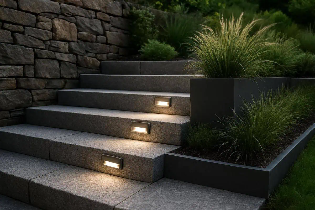 Escaliers en granit flammé et pierre de schiste avec spots LED solaires et jardinières zinc pour jardin en pente