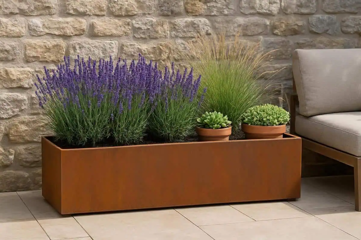 jardiniere minimaliste zinc acier corten lavandes graminées succulentes sedum sempervivum entretien facile