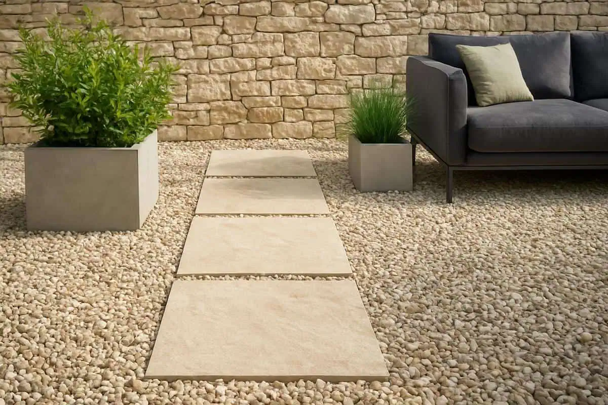 Pas japonais en pierre naturelle pour cheminement dans déco jardin extérieur avec cailloux
