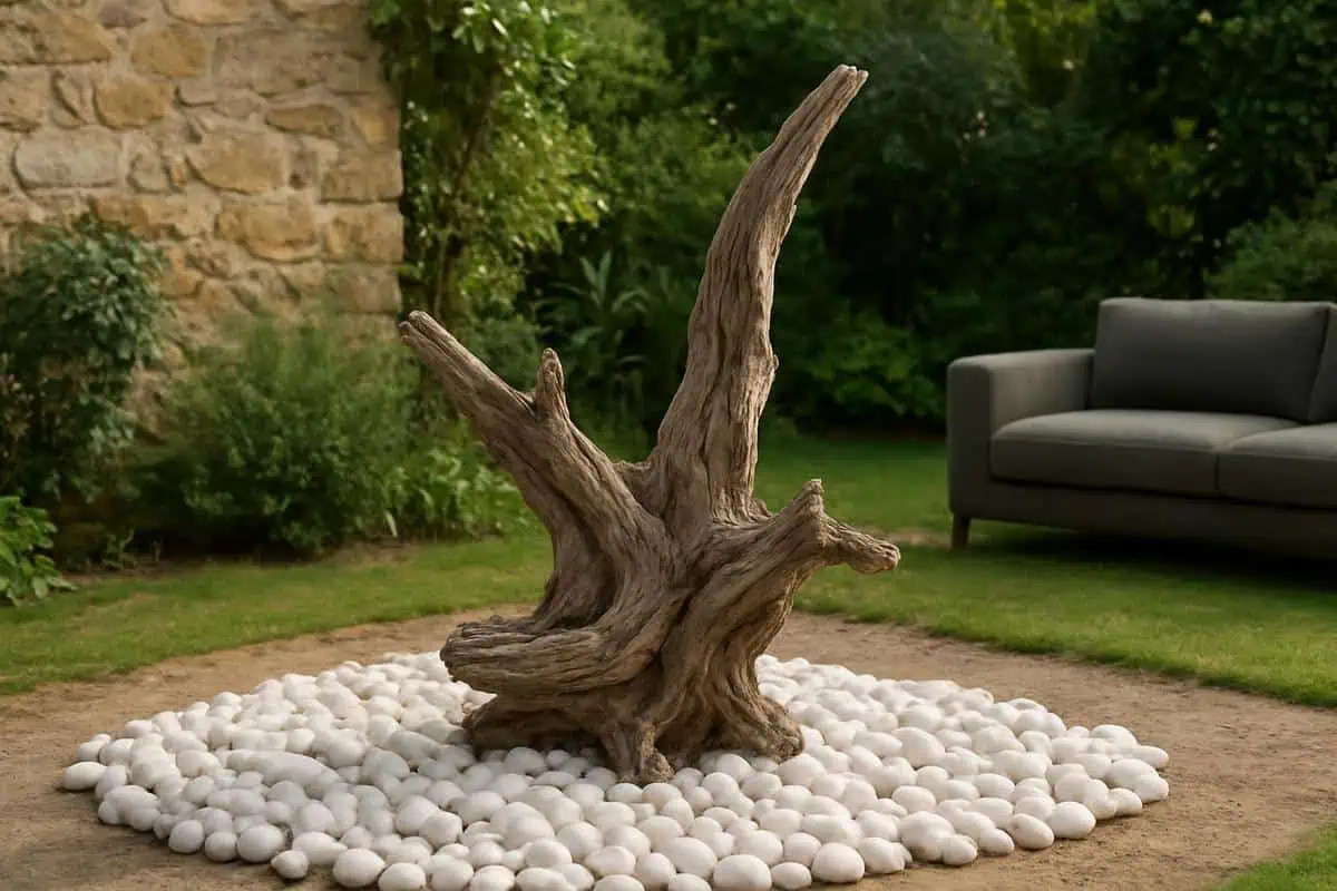 Grande racine flottée sur lit de galets créant point focal déco bois flotté idées jardin