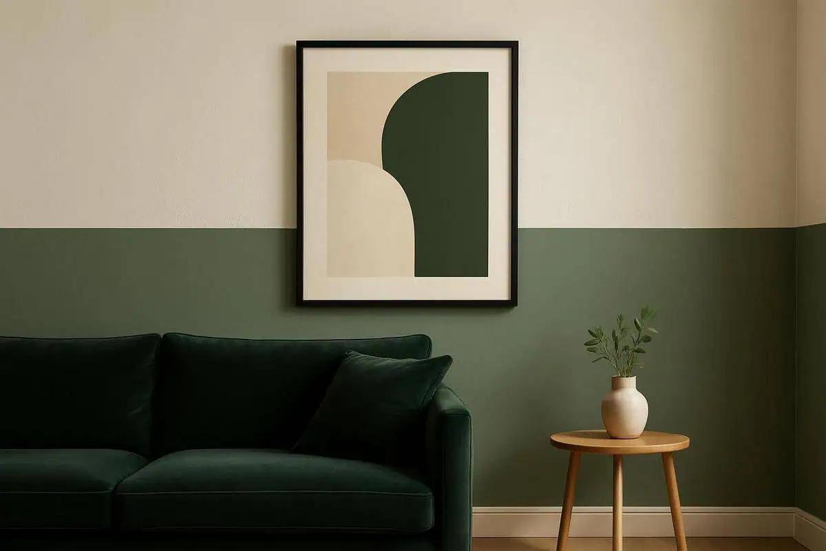 mur chambre vert kaki en soubassement avec cadres noir et peinture blanche
