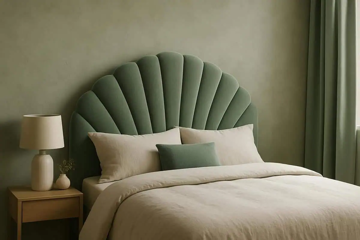 tete de lit cannele en velours cote vert sauge pour chambre verte zen
