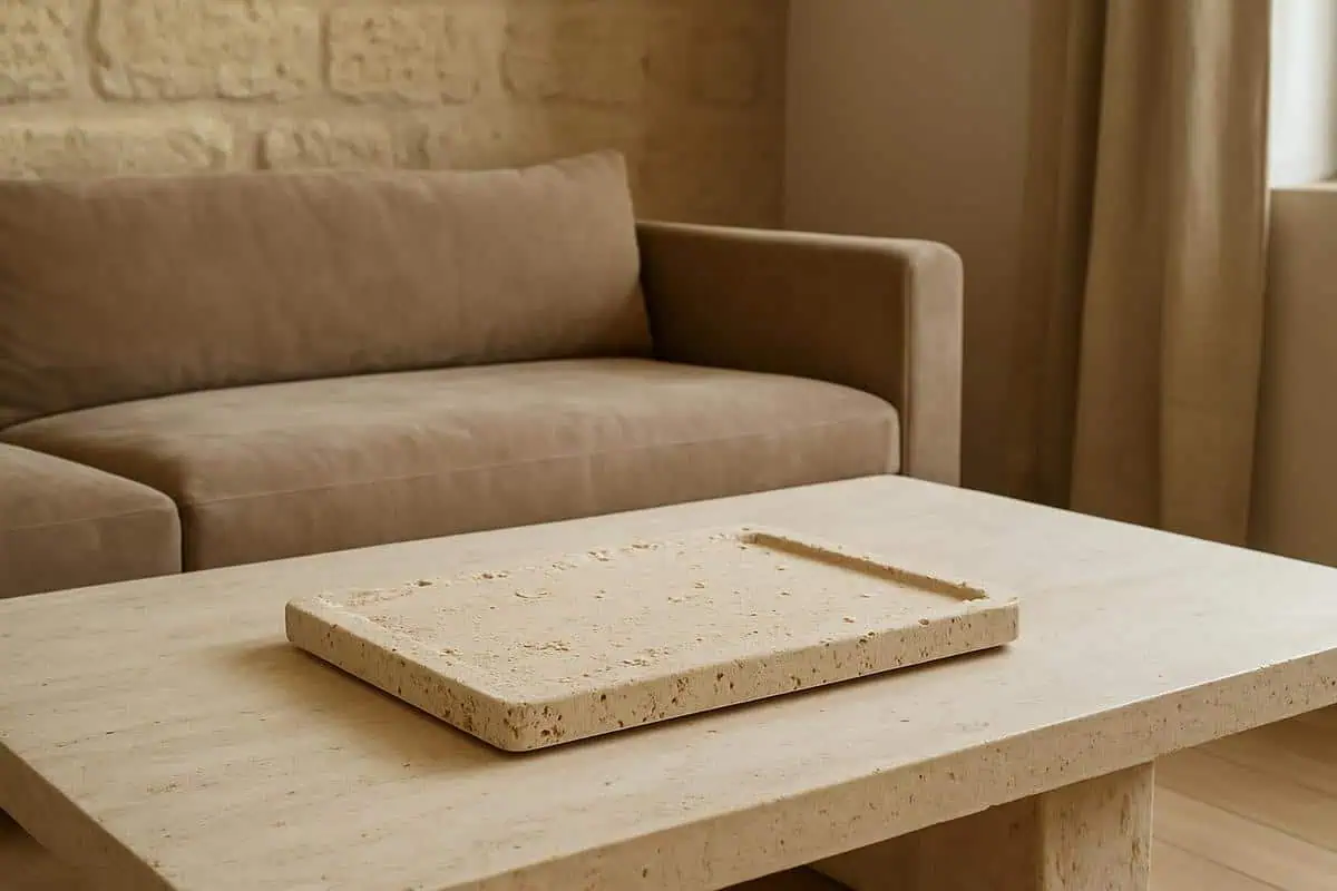 Plateau travertin beige 40x20 cm, épaisseur 2 cm, pierre brute alvéolée, manteau cheminée salon minéraliste