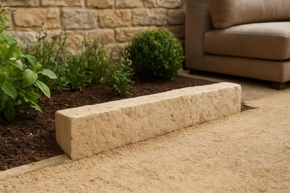 Bordures de jardin en pierre calcaire reconstituée travertin beige clair modules 50 cm délimitation massifs décoration jardin pierre naturelle