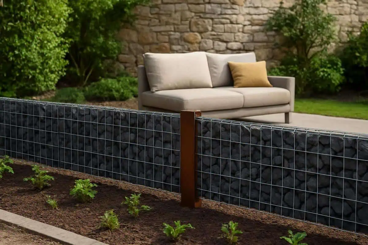 Clôture basse gabion rempli galets roulés gris anthracite poteaux acier Corten minéral métal contemporain délimitation potager jardin pierre naturelle