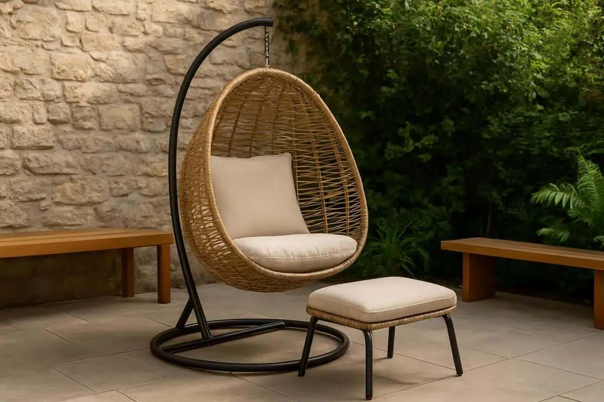 Fauteuil suspendu en rotin beige avec coussins lin pour coin meditation et mobilier de jardin zen