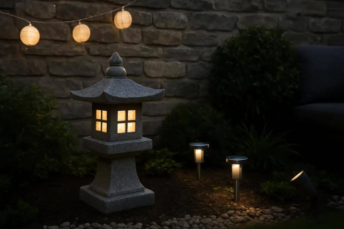 Lanterne japonaise en pierre grise avec LED solaire blanc chaud pour eclairage doux et guirlande decorative jardin zen