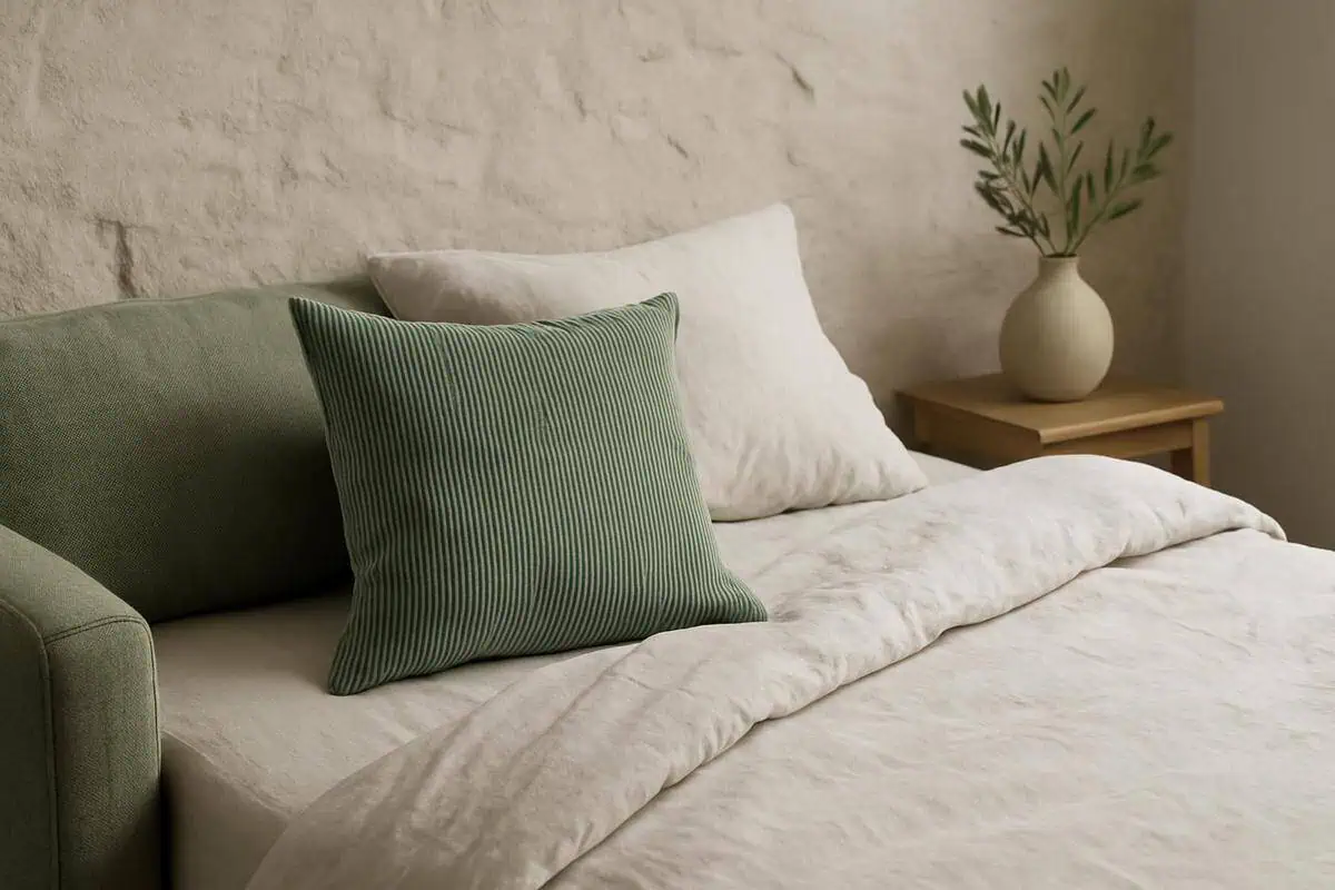 linge de lit en lin stone washed ecru avec coussins vert sauge velours coteле pour chambre verte