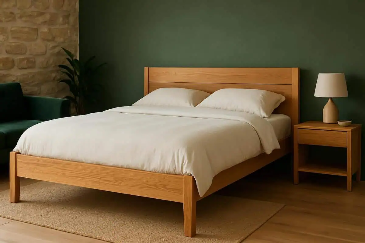 lit en bois massif chene clair avec finition mate pour chambre verte naturelle