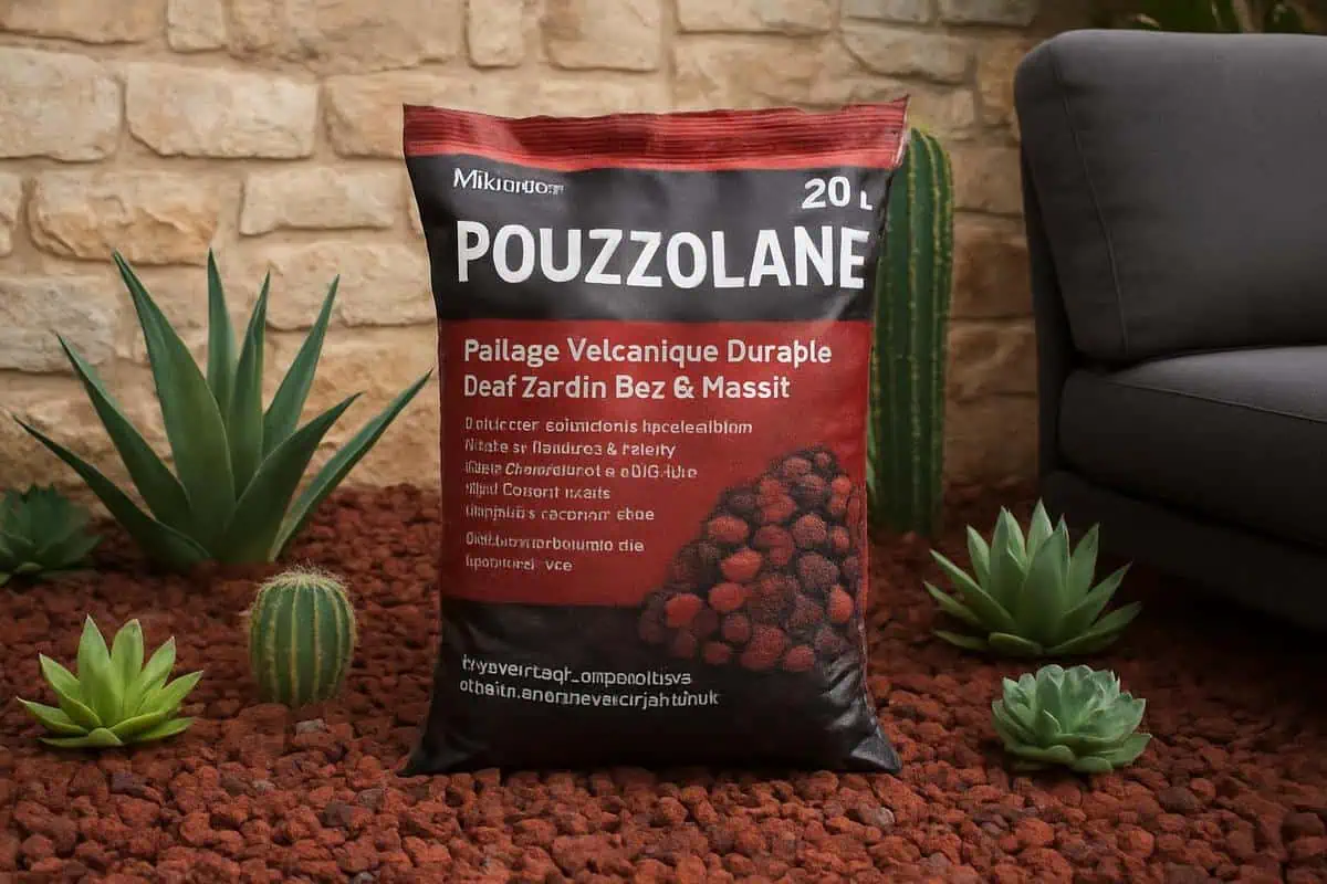 Composition de plantes grasses et cactus sur lit de pouzzolane volcanique rouge et noire, jardin sec avec succulentes et cailloux naturels pour entretien facile