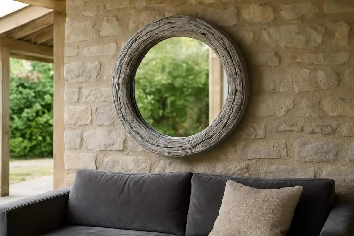 Miroir encadré bois flotté gris argenté pour déco murale jardin, élément minimaliste de 40 à 60 cm de diamètre, création DIY écologique pour terrasse extérieure