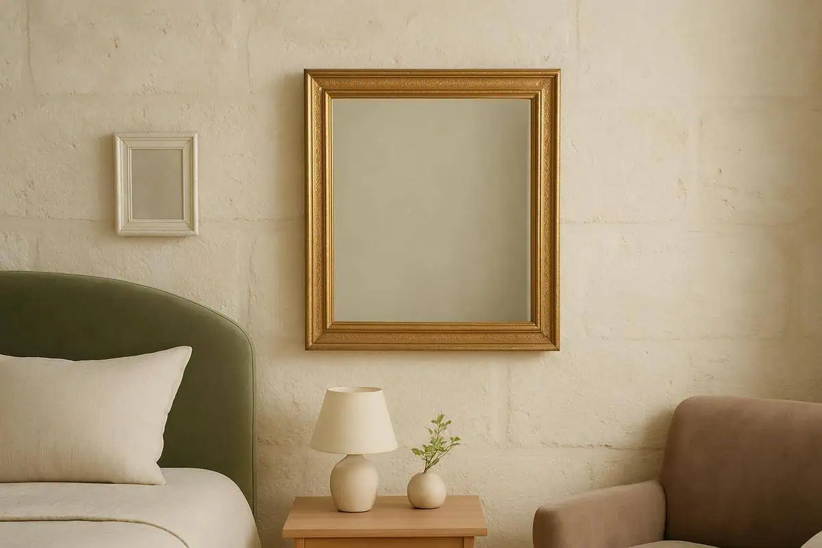 Miroirs décoratifs anciens en cadre bois patiné blanc doré pour décoration murale chambre bébé vintage et intemporelle