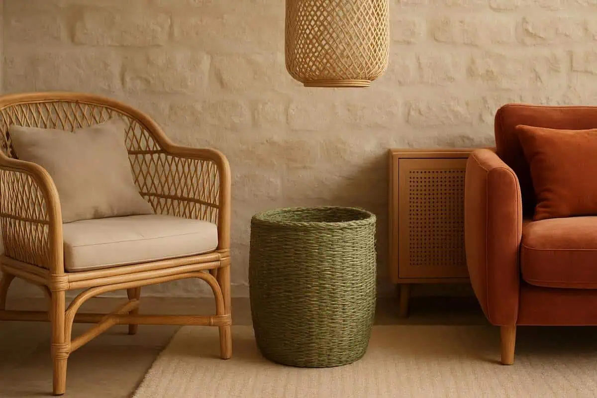 panier de rangement cylindrique en jonc de mer teinte vert olive pour chambre verte et bois