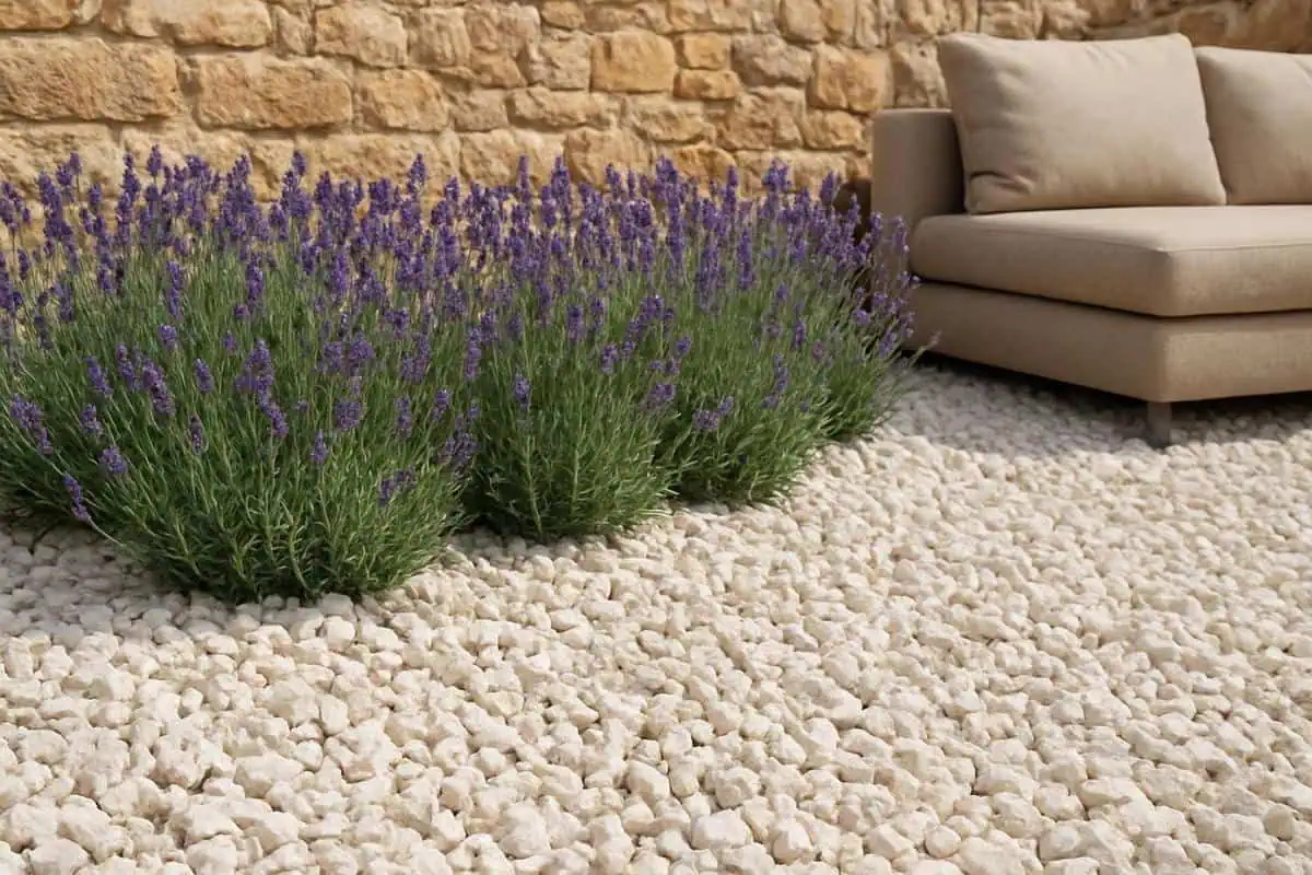 Parterre mediterraneen avec lavandes et gravier blanc calcaire pour deco jardin exterieur, plantes mediterraneennes sur sol drainant