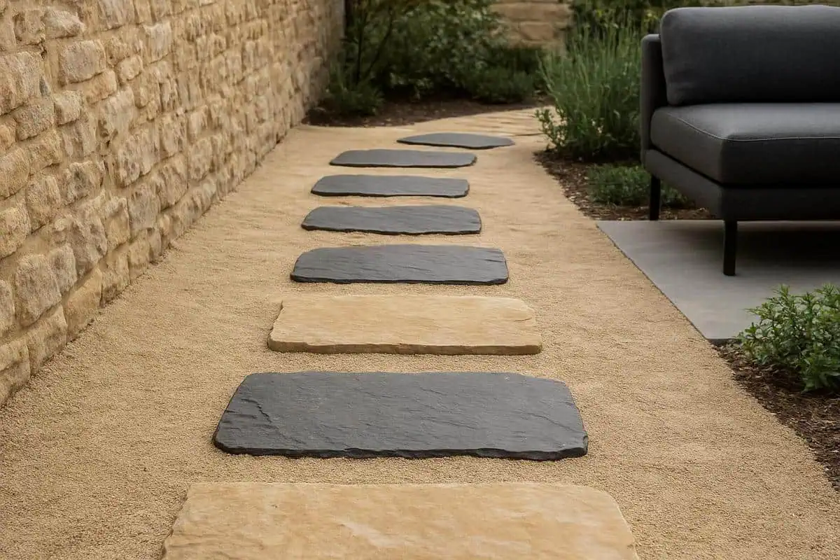 Pas japonais en ardoise naturelle et dalles en pierre de Bourgogne pour chemins de jardin zen moderne