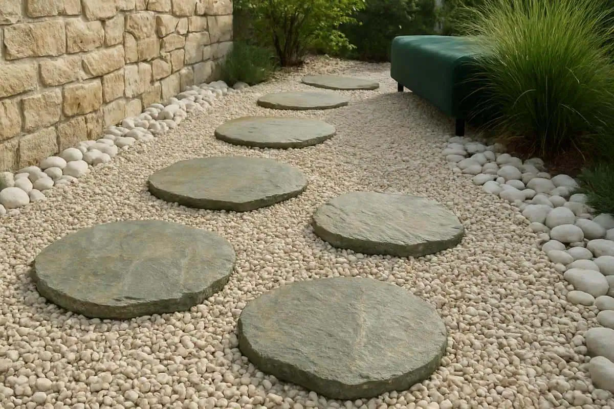 Pas japonais dalles pierre naturelle quartzite gris-vert 40-60 cm allées poétiques ambiance zen galets blancs graviers decoratifs jardin